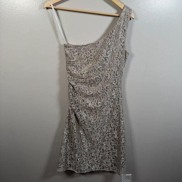 Calvin Klein Sequin One Shoulder Dress Size 6 Beige Silver Party Holiday Event - Picture 2 of 10